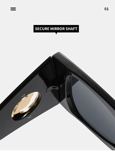 Detail of secure golden mirror shaft and durable hinge on black square sunglasses