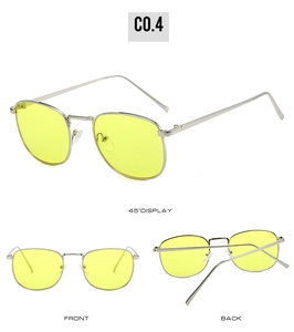 Three views of silver metal square sunglasses with yellow lenses showing different angles