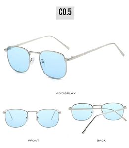 Multi-angle views of retro rectangular silver metal sunglasses with light blue lenses