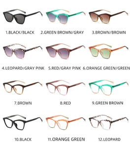 Collage of cat eye sunglasses and frames in twelve various colors and gradients