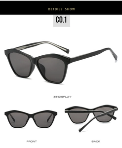 Three-angle views showing fashion cat-eye sunglasses with thick acetate frame and dark lenses