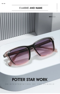 Detail of square TR90 sunglasses with black and translucent pink two-tone frame design