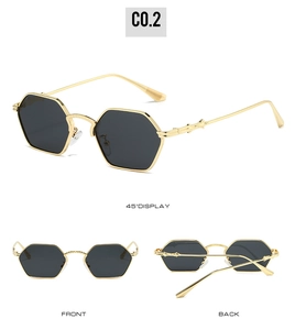 Three-way view of polygonal metal sunglasses showing front, back, and 45-degree angle
