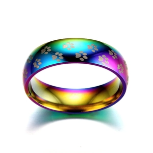 Rainbow plated titanium steel ring featuring colorful cat paw prints design for women and men