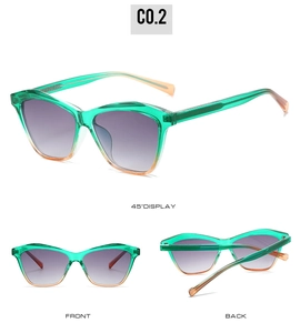 Detailed views of cat-eye sunglasses featuring green-orange frames and purple gradient lenses