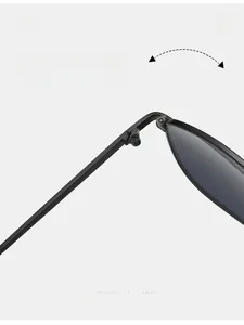 Close-up of durable metal hinge with precision screws on small square sunglasses