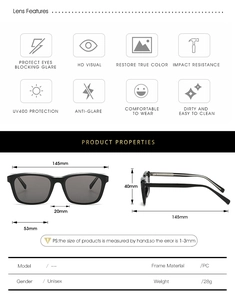 Technical drawing of square TR90 sunglasses showing precise frames and lens dimensions
