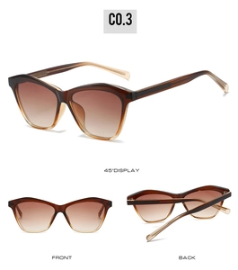 Three-angle view of cat-eye sunglasses with champagne gradient frames and brown lenses