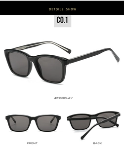 Detailed views of stylish black square TR90 sunglasses showing front and side profile