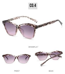 Three-view display of leopard print cat eye sunglasses with purple gradient lenses