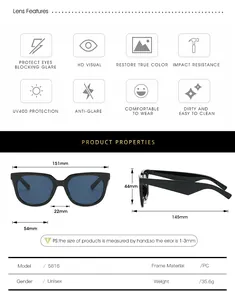 Detailed size specifications for olive green unisex sunglasses with UV400 PC frame details