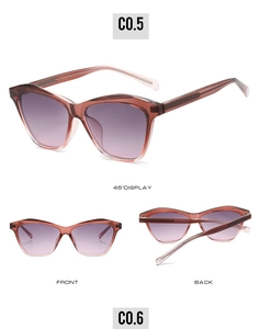 Detailed multi-angle views of cat-eye sunglasses with translucent pink frames and purple lenses