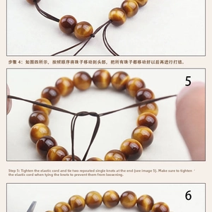 Detail of DIY assembly process for natural tiger eye stone beads and elastic cord
