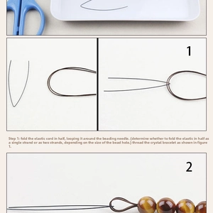 DIY jewelry kit with brown elastic cord, guide needle, and tiger eye beads step tutorial