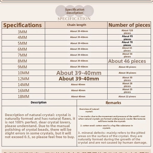 Detailed size specification chart for natural morganite stone beads from 3mm to 18mm