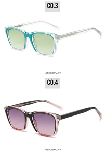 Detailed 45-degree view of TR90 square sunglasses in translucent blue and pink frames