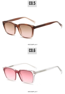 Detail view of square TR90 sunglasses in brown gradient and transparent pink styles