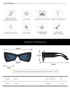 Detailed size guide and UV400 lens features for triangle butterfly cat eye sunglasses