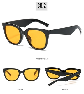 Detail view showing olive green square frame sunglasses from front, side and back angles