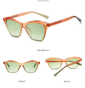 Three perspectives of cat-eye sunglasses with amber frames and green gradient lenses