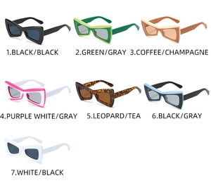 Matrix view of trendy butterfly sunglasses in seven colors showing diverse frames and lenses