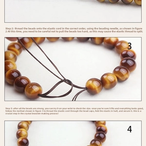 Macro detail of DIY steps for tiger eye bead bracelet with elastic cord assembly