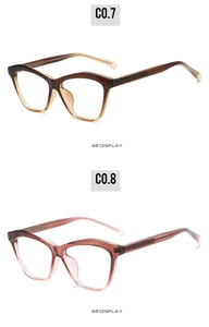 Detail view of cat-eye frames in tortoiseshell and gradient pink acetate with flat cores
