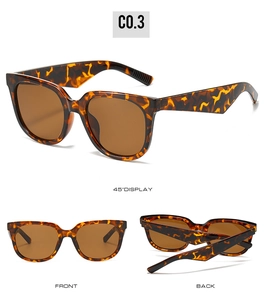 Detail view of tortoiseshell square sunglasses with brown lenses and wide geometric temples