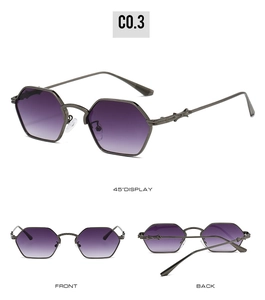 Polygonal gunmetal sunglasses with purple gradient lenses and vintage metal temple decor