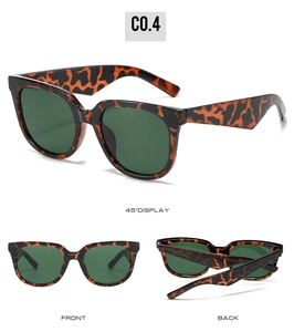 Detailed multi-angle views of olive green sunglasses with leopard pattern frame