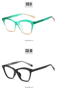 45-degree side view of trendy cat-eye sunglasses frames in gradient and black colors
