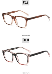 Detail view of retro square TR90 eyeglass frames in amber and pink color options