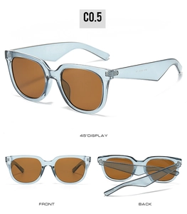 Three-way view of light blue transparent sunglasses with brown lenses and wide temples