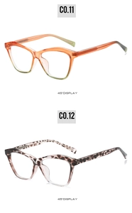 Detail of cat-eye frames in gradient orange and leopard print with metal hinges
