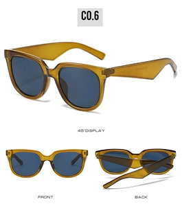 Detailed views of vintage amber sunglasses with blue lenses from front, back, and 45-degree angle