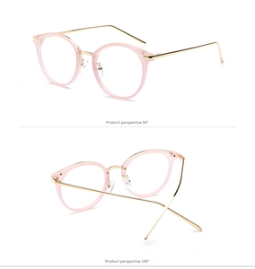 Detail view showing 90 and 180-degree angles of pink transparent round frame glasses