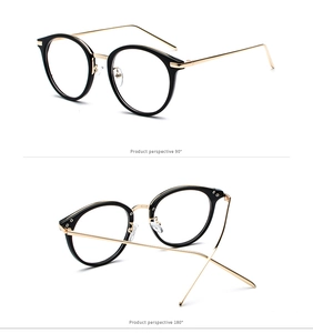 Classic round glasses frame in black and gold finish shown at 90 and 180 degree angles
