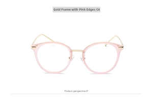 Front view of retro optical glasses frames with golden metal temples and pink pink rims