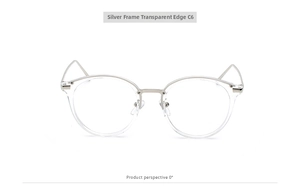 Detail of silver metal frame and transparent cat-eye glasses with sleek temples