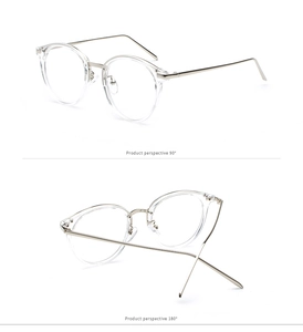 Detail of round transparent glasses with silver metal temples from 90 and 180-degree angles
