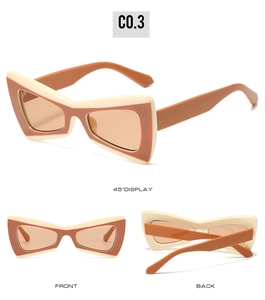 Three-angle view of butterfly-shaped sunglasses in cream and orange colors