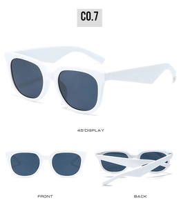 Detailed views of white rectangular sunglasses featuring thick temples and dark lenses