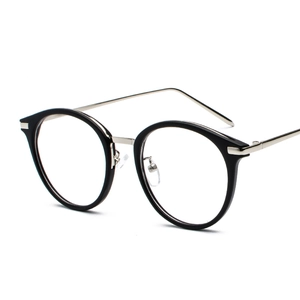Classic black round frame glasses with silver metal temples on a white background