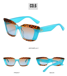 Détail de lunettes de soleil œil de chat avec motif léopard et logo en métal LhL