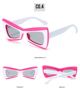 Three-angle view showing pink and white butterfly frame sunglasses with dark gray lenses