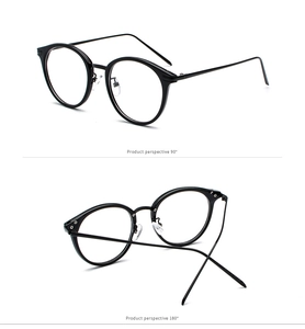 Detailed 90 and 180 degree perspective views of vintage round black eyeglass frames