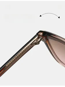 Detail of durable metal reinforced hinge and dark brown acetate frame for sunglasses