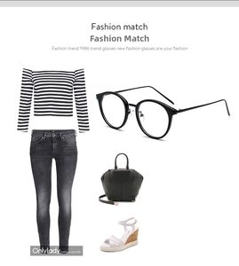 Fashionable black round frame glasses styled with a striped top and slim fit jeans