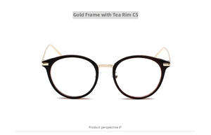 Front view of retro round glasses frame in gold metal and tea brown translucent rims