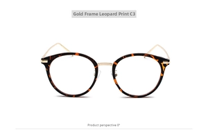Front view of retro round leopard print eyeglasses with gold metal bridge and temples